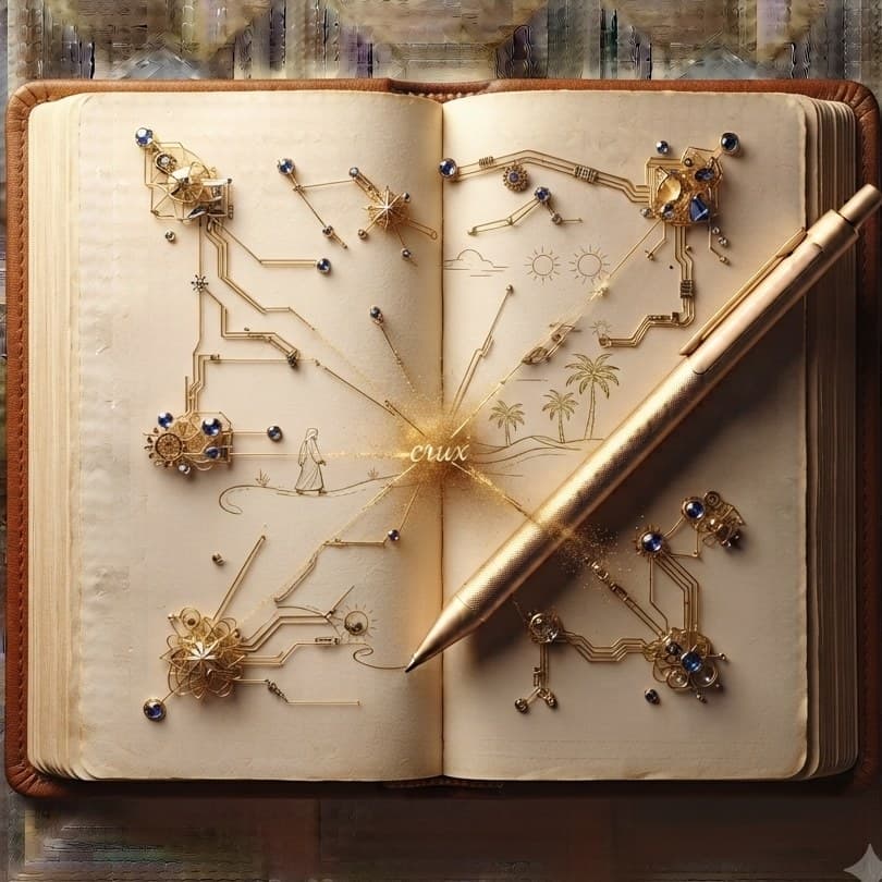 An open journal mapping a route with a pen and a guiding star