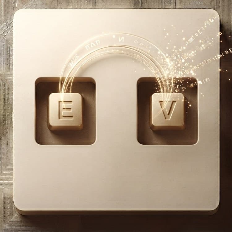 Two lettered keys, E and V, joined by an arc of light