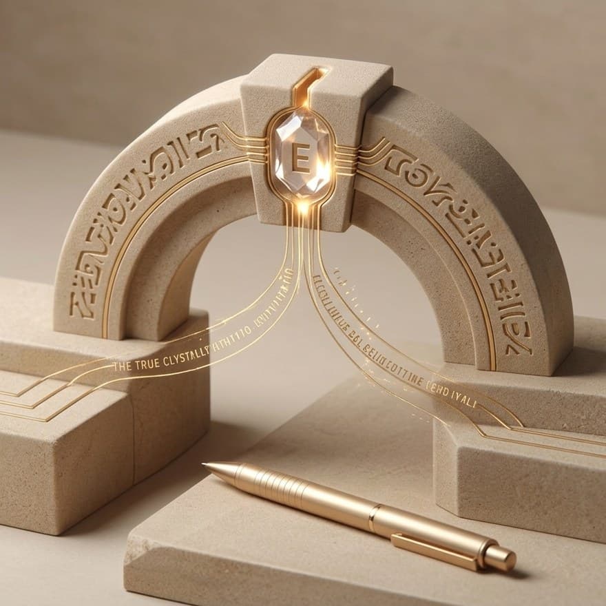 A stone archway with a glowing lettered keystone and a gold pen