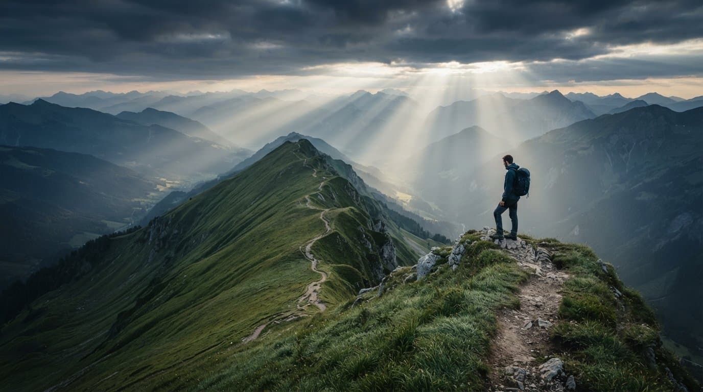 A mountaineer on a ridge at dawn, mist filling the valley below