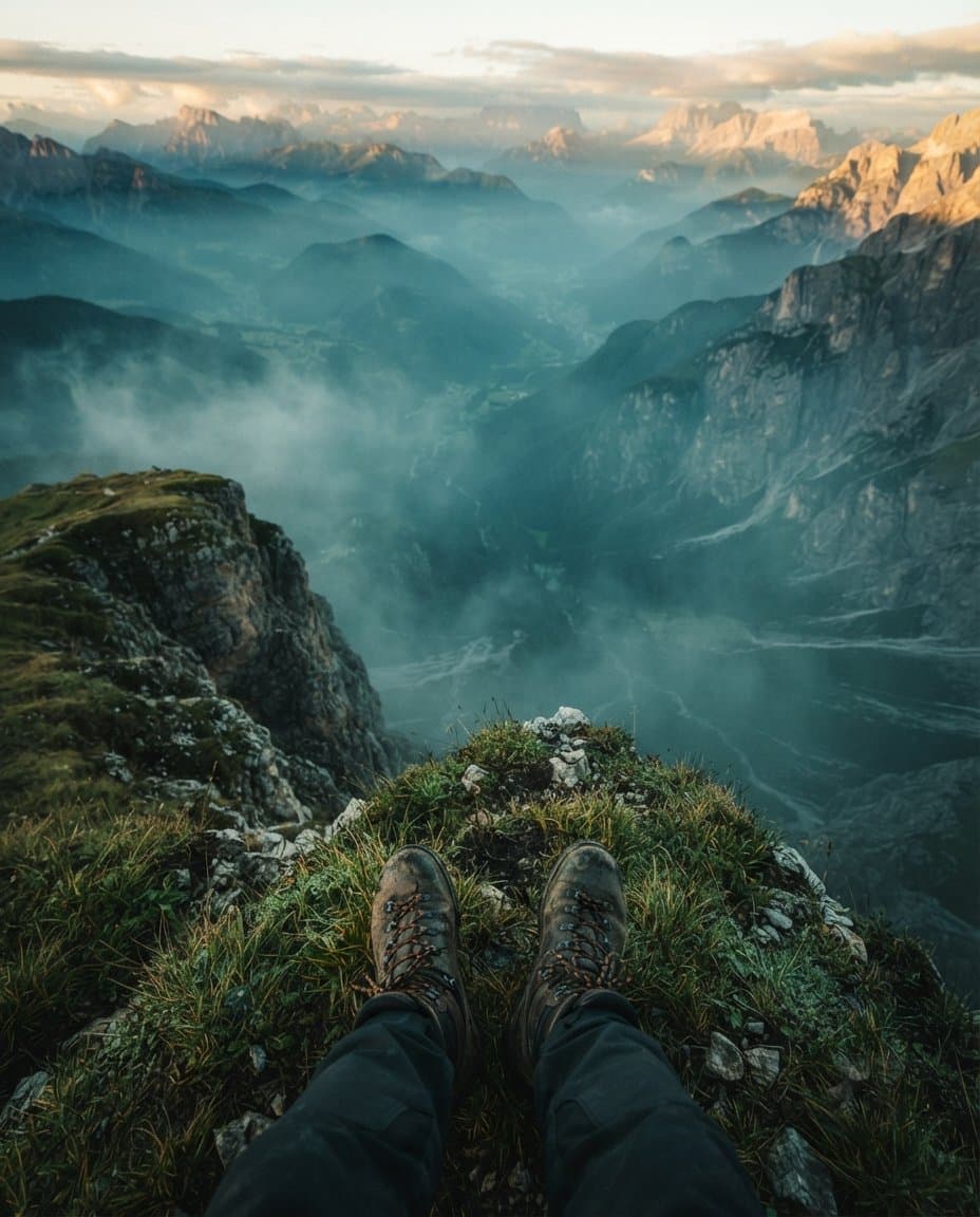 A hiker resting at a misty mountain summit at dawn, looking out over a valley